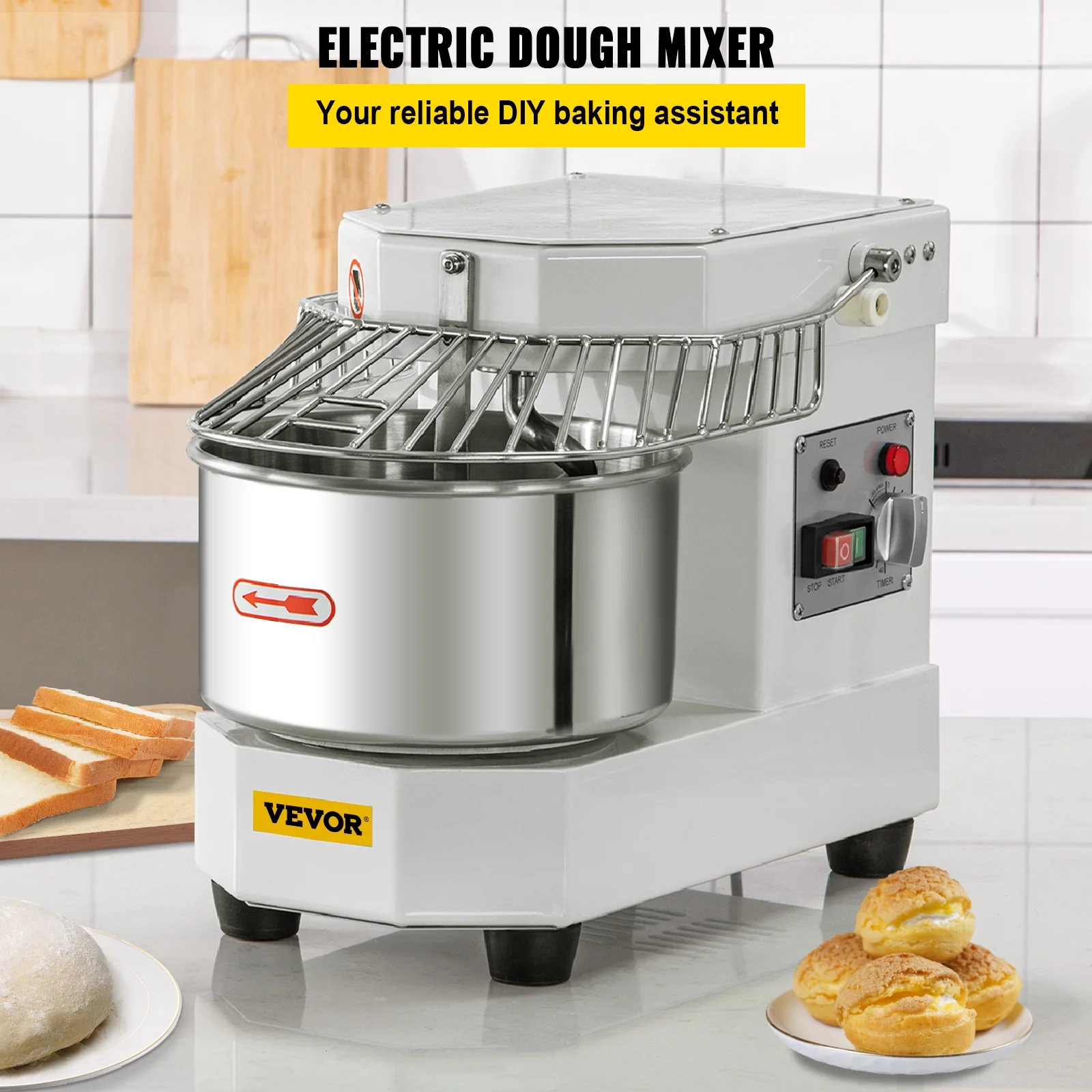 VEVORbrand Commercial Food Mixer, 7.3Qt Capacity, 450W Dual Rotating Dough Kneading Machine with Food-grade Stainless Steel Bowl