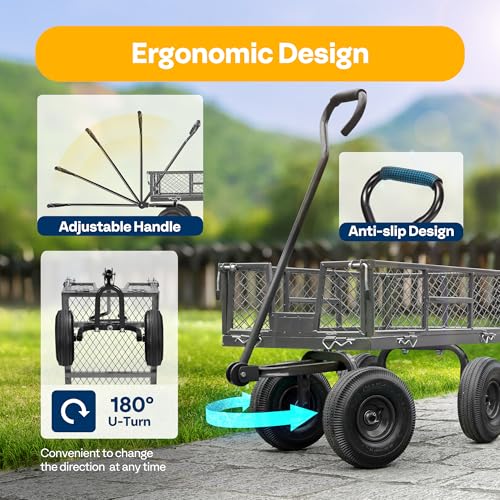VIVOHOME Heavy Duty 880 Lbs Capacity Mesh Steel Garden Cart Folding Utility Wagon with Removable Sides and 4.10/3.50-4" Wheels 10 inch Tire (Black)