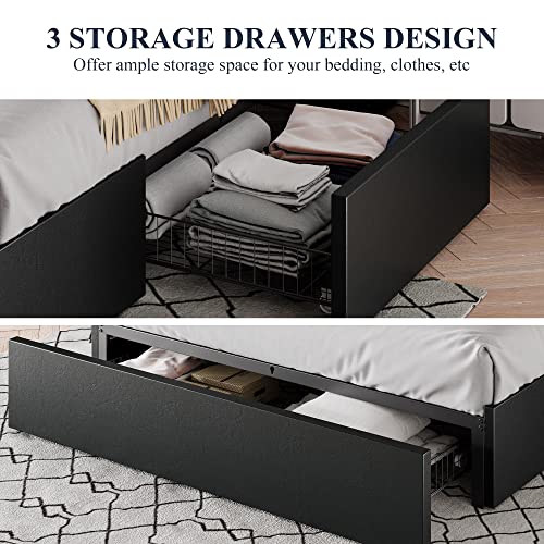 Allewie Queen Size Platform Bed Frame with 3 Storage Drawers, Fabric Upholstered, Wooden Slats Support, No Box Spring Needed, Noise Free