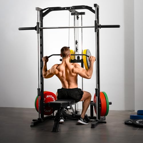 RitFit Smith Machine Power Rack with LAT-Pull Down System, Landmine, Barbell Bar, Plate Storage Pegs and More Training Attachment