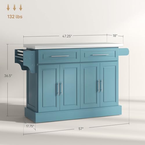 HOMCOM Rolling Kitchen Island Cart with Wheels, Portable Island Table for Kitchen with Stainless Steel Top, Adjustable Shelves, 2 Drawers, Spice