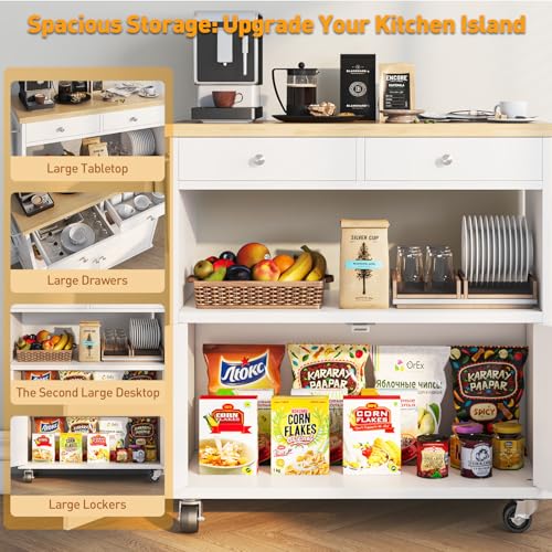 Rolling Kitchen Island with Storage Cabinet, 35.4'' Width Kitchen Cart, 2 Drawers Island Table, Portable Mobile Kitchen Island with Towel Rack