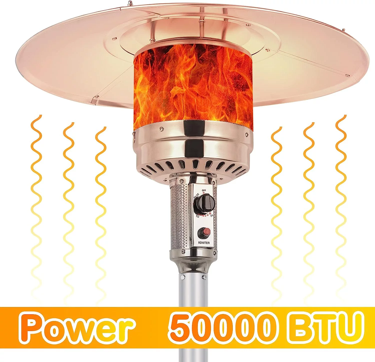 50,000 BTU Propane Patio Heater with Reflector, Stainless Steel Burner, Triple Protection System, Wheels, Outdoor Heaters for Patio, Garden