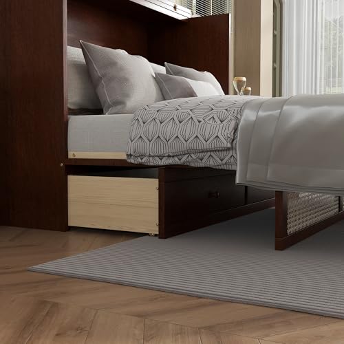 KEIKI Queen Size Cabinet Murphy Bed with Charging Station and Drawer, Multiple Storage Foldable Hideaway Wall Murphy Bed Frame with Solid Slat