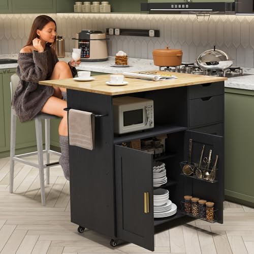 Rolling Mobile Kitchen Island Cart Bar with Drawer and Desktop Drop Leaf Countertop, Island Table Storage with 5 Wheels