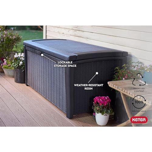 Keter Outdoor Storage Deck Box, for Patio, Backyard & Garden, Borneo, 110 Gallon, Brown - Lockable, Organizing, and Waterproof Plastic Container Bench