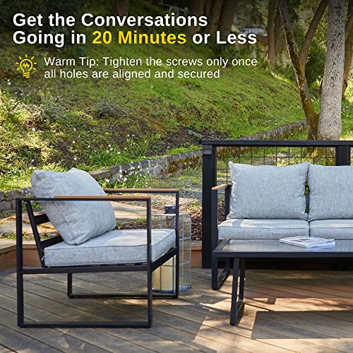 EAST OAK Courtyard Patio Furniture Set, 4-Piece Outdoor Patio Set with Sofa, Removable & Washable Deep Seating Cushion, Tempered Glass Table