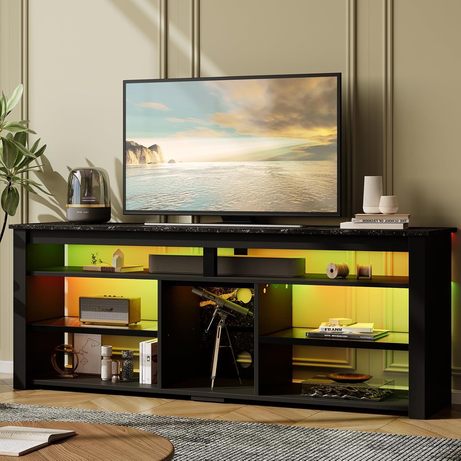 Bestier TV Stand for 65/70 inch TV, Tall Entertainment Center with 2 Led Lights, Gaming TV Console with Storage for PS5