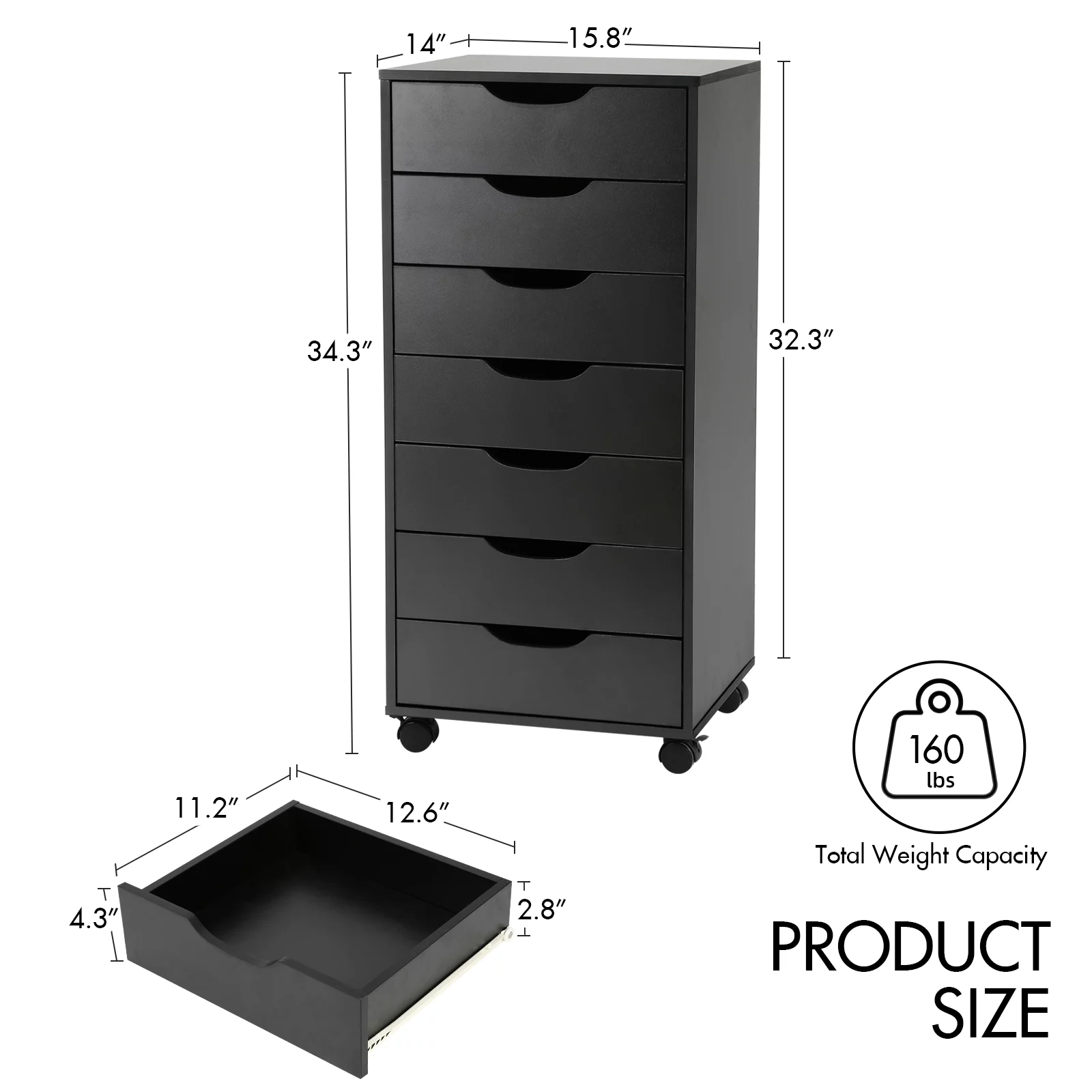 Richya 7-Drawer Chest, Storage Dresser Cabinet with Wheels, Tall Chest of Drawers for Closet and Bedroom (Black, 7 Drawer)