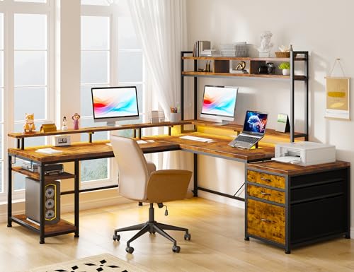 EnHomee Large L Shaped Gaming Desk with Hutch and Drawers, 64" W Reversible Computer Desk with Storage Shelves