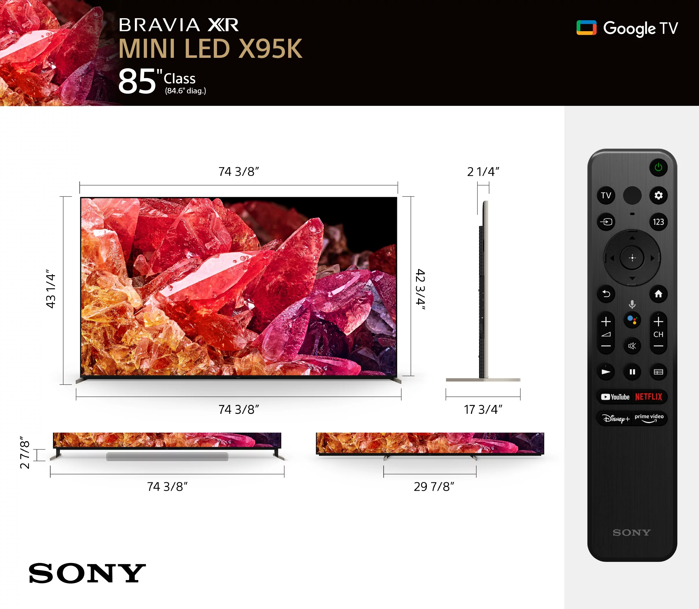 Sony 85” Class BRAVIA XR X95K 4K HDR Mini LED with Smart Google TV XR85X95K- 2022 Model