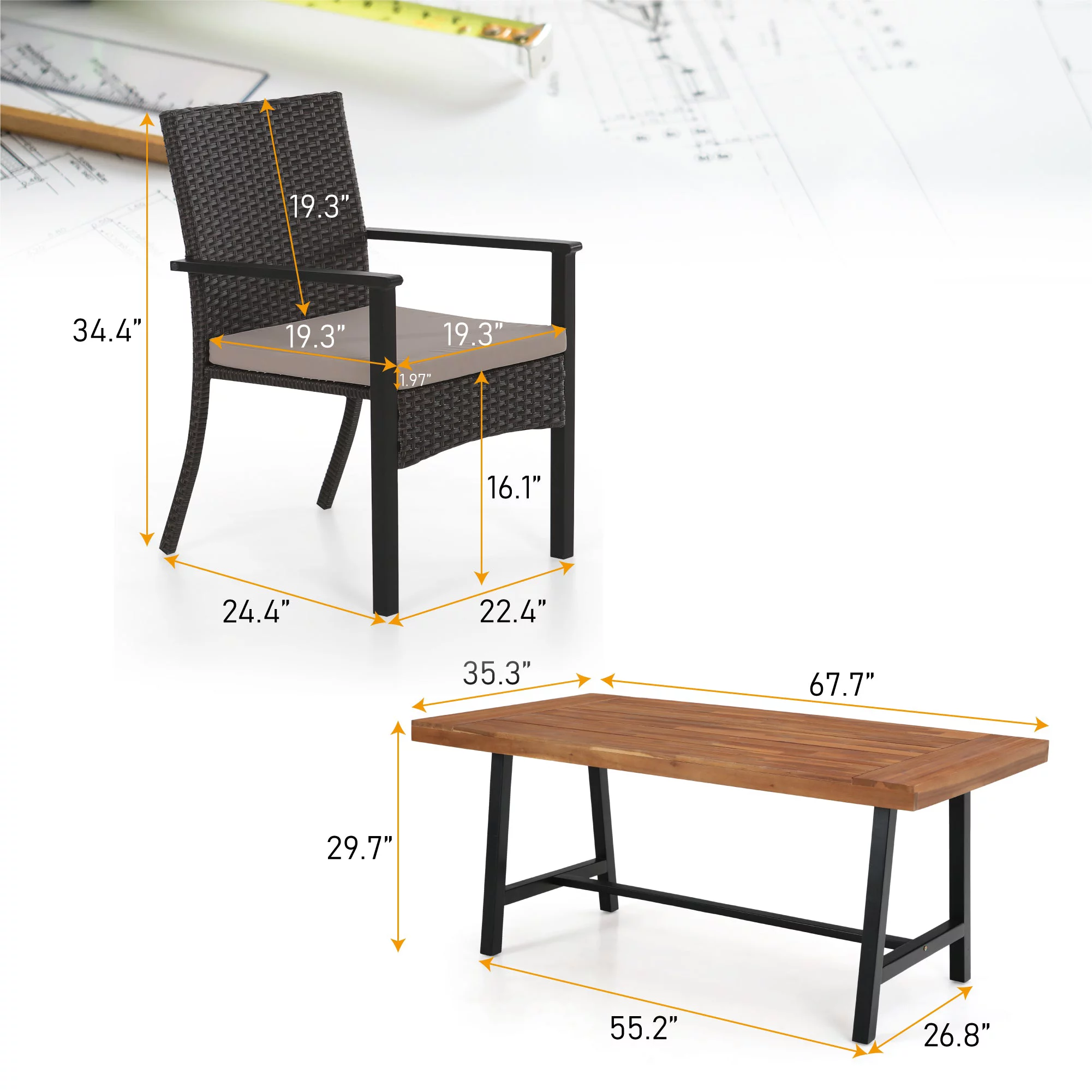 Sophia & William 7 Pieces Outdoor Patio Dining Set Dining Wicker Chairs Wood Table Set
