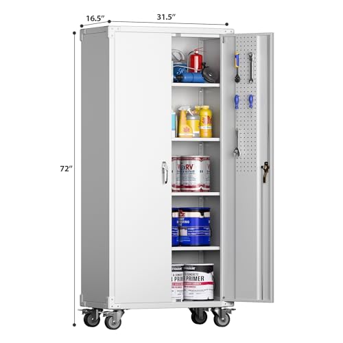71" Metal Storage Cabinet with Wheels and Pegboard, Lockable Rolling Steel Storage Cabinet with 5 Adjustable Shelves and Door for Garage, Office