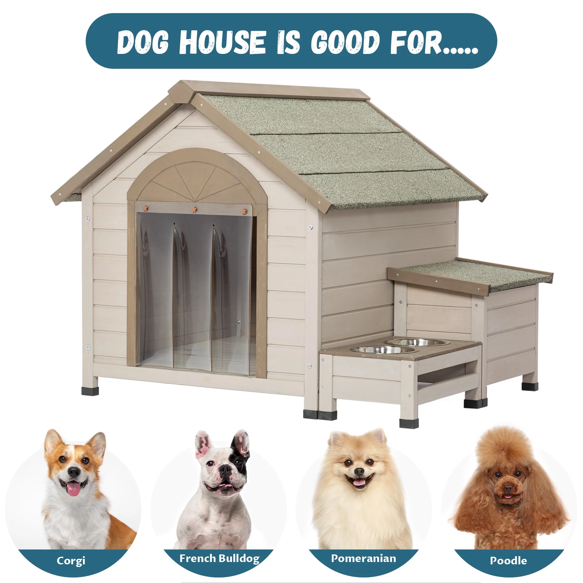 Euroco Outdoor Wood Dog House Waterproof Pet Log Cabin for Small Medium Dog with Feeding Station, Storage Box
