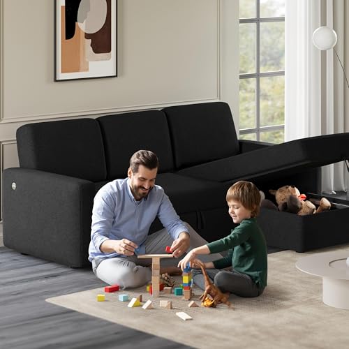 Yaheetech Sectional Sofa L-Shaped Sofa Couch Bed w/Chaise & USB, Reversible Couch Sleeper w/Pull Out Bed & Storage Space Living Room Black