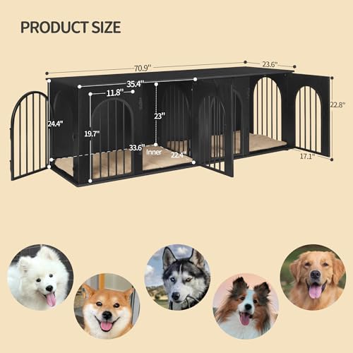 71" Dog Crate Furniture for 2 Dogs, Heavy Duty Indoor Dog Kennel TV Stand, XXL Wooden Dog Cage with Divider for Medium Large Dogs