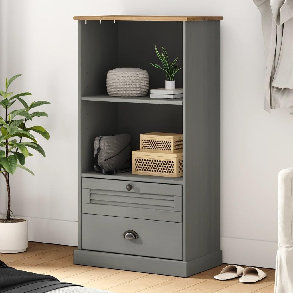 vidaXL VIGO Gray Solid Pine Wood Bookcase Storage with 2 Tier Shelves/2 Drawers - Rustic Bookshelf for Living Room/Study/Bedroom
