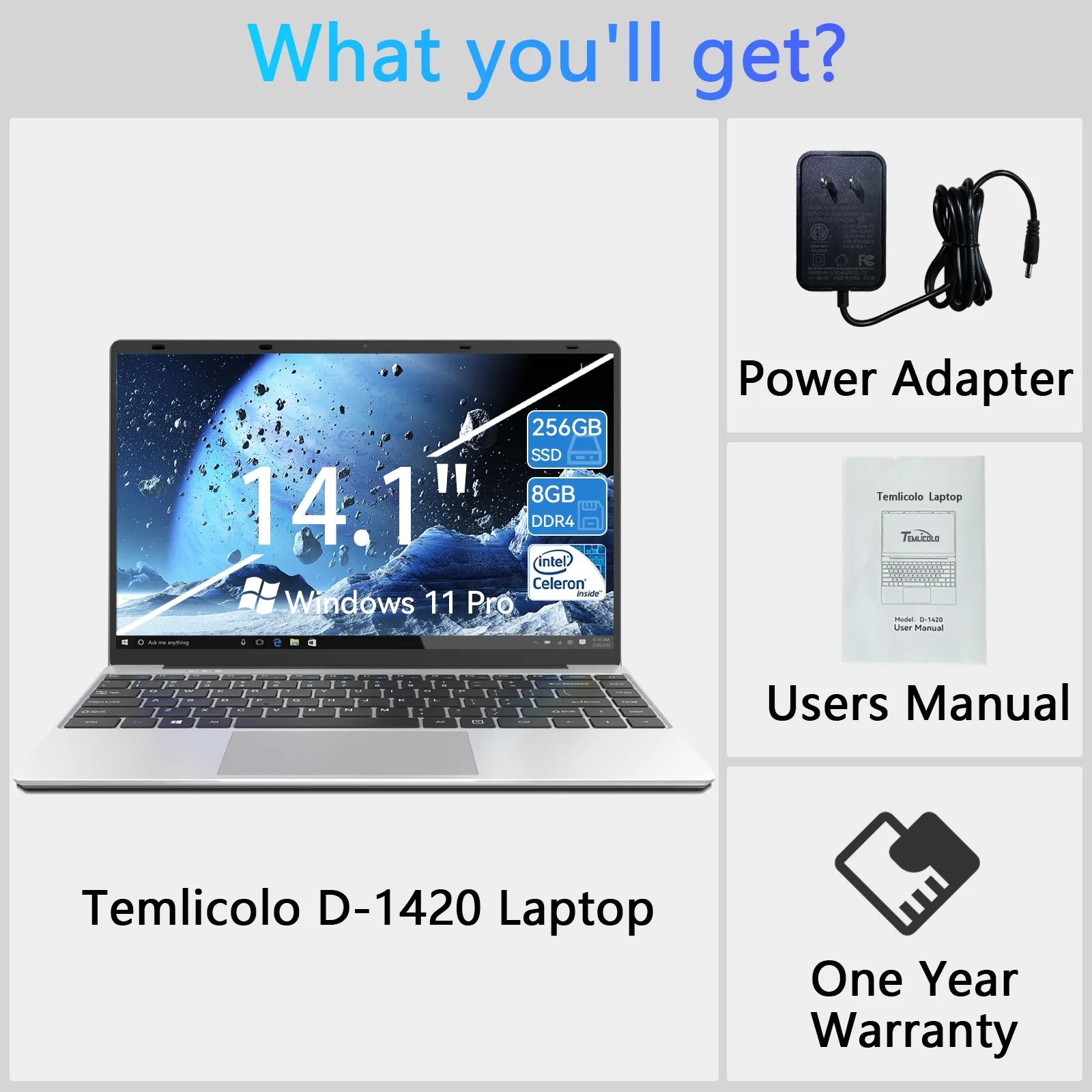 Temlicolo 14.1" Laptop, 8GB RAM PC, 256GB SSD, Intel Celeron N4020C up to 2.8GHz, Windows 11 Pro, Webcam, 1TB SSD Expansion, Silver
