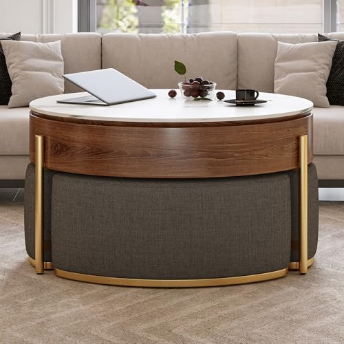 Lift Top Coffee Table with Storage, Round Center Table with Hidden Storage and 3 Upholstered Nesting Ottomans, Space-Saving Design, Brown+Grey