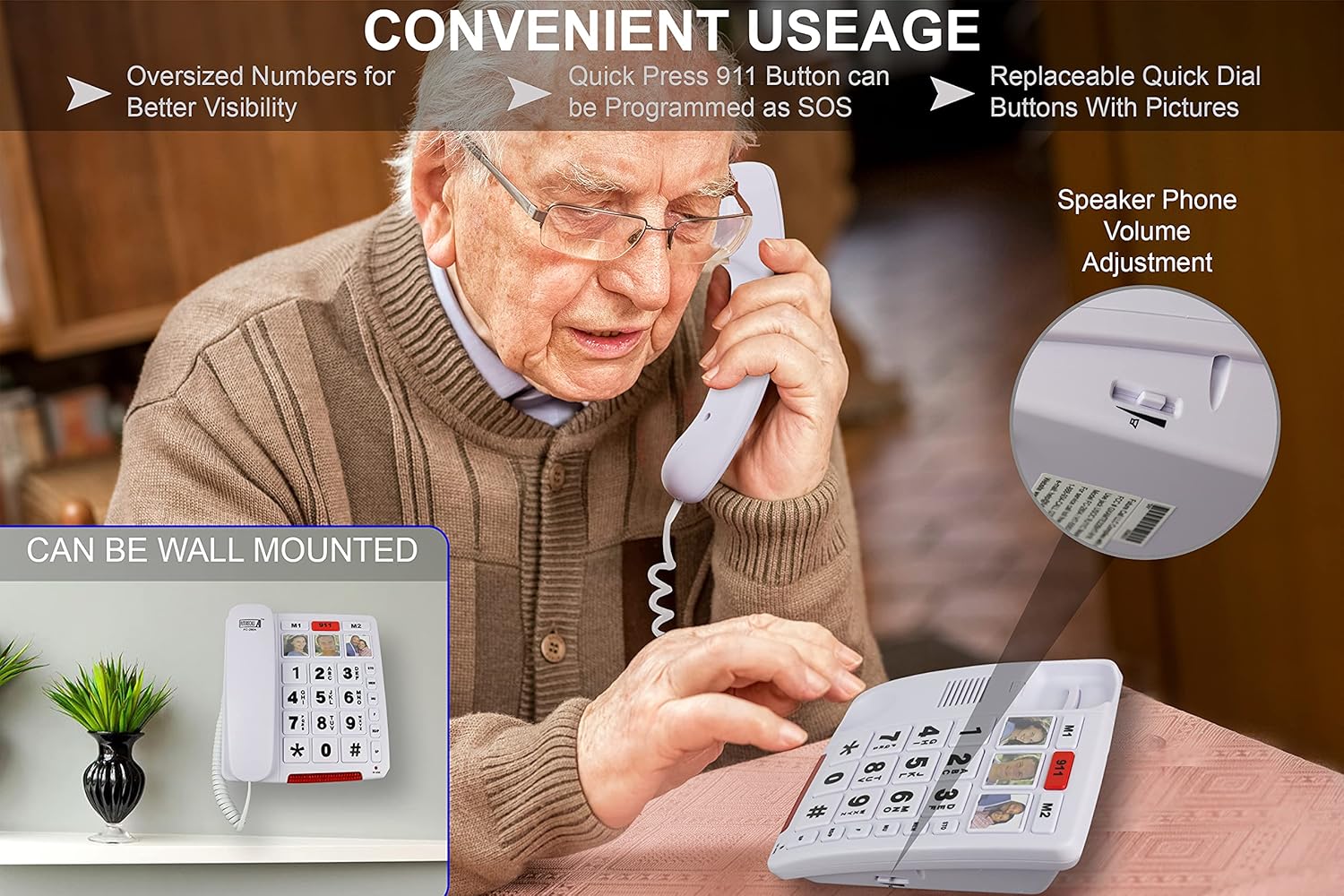 Future Call FC-2804 Big Button Phone for Seniors | 3 Picture Keys and Speakerphone | Amplified Telephones for Hearing Impaired Seniors 40db w/Extra