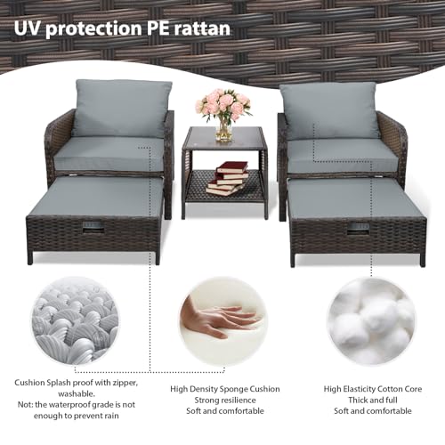 LEVELEVE Balcony Furniture 5 Piece Patio Conversation Set, PE Wicker Rattan Outdoor Lounge Chairs with Soft Cushions 2 Ottoman&Glass Table for Porch