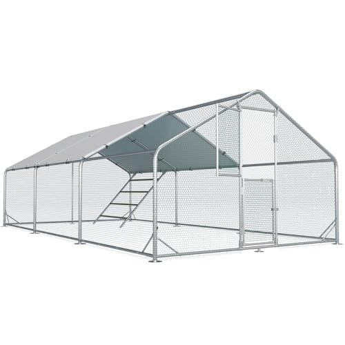 Large Chicken Coop,Metal Chicken Run for Yard with Feeding Door,Walk-in Chicken Pen for 10-20 Chickens,Outdoor Poultry Cage with Anti-UV Cover