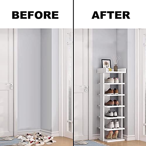 Wooden Shoe Rack, 7-Tier Small Shoe Rack for Entryway, Narrow Shoe Organizer Stand with Extra Top Storage
