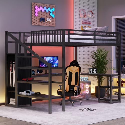 Full Size Loft Bed with Desk and Stairs, Heavy-Duty Steel Loft Bed Frame with Wardrobe & LED Light
