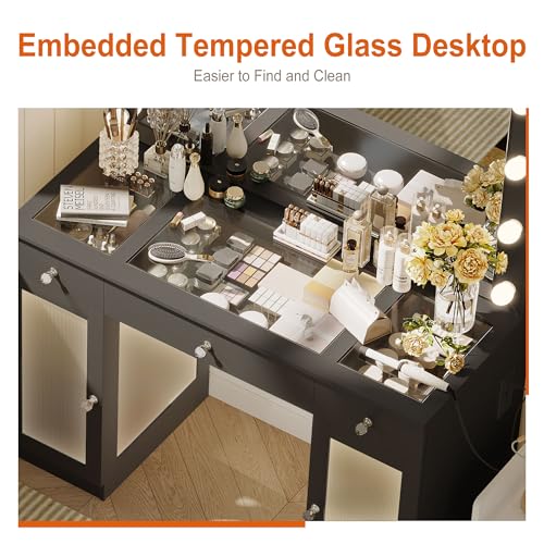 Vanity Desk with Large Mirror and Lights, Glass Top Makeup Vanity with Lights & Power Outlet for Bedroom, 3 Color Lighting Modes