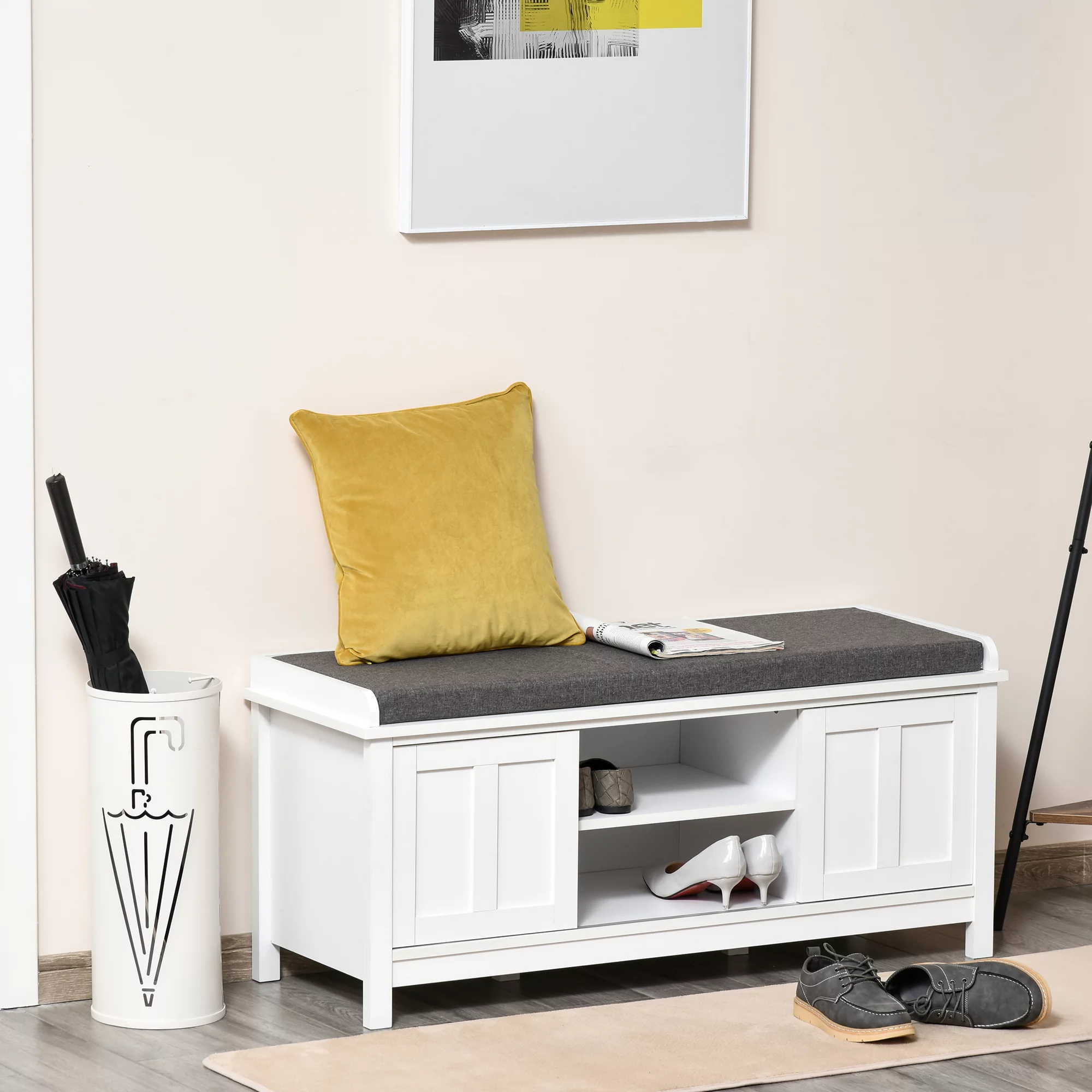 HOMCOM Entryway Shoe Bench Storage Ottoman with Sliding Doors, Adjustable Shelving, 6 Compartments, and Padded Seat, Holds 10 Pairs, White/Gray
