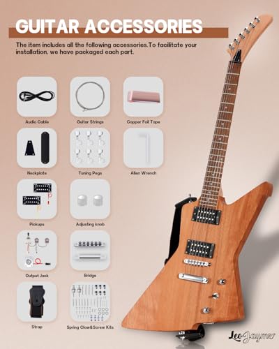 Leo Jaymz DIY Single Cut Electric Guitar Kits with Mahogany Body and Neck - Rosewood Fingerboard and All Components Included (LP Hollow)
