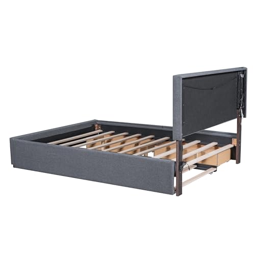DNYN Queen Size Murphy Bed with Storage Drawer(Large) & Charging Station for Bedroom,Convertible Pinewood Wall Bedframe w/Stylish Cabinet Design