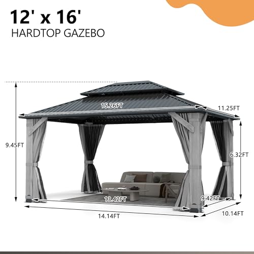 12'x12' Hardtop Gazebo, Outdoor Double Roof Galvanized Steel Gazebos, Aluminum Frame Permanent Pavilion with Curtains & Netting for Backyard, Patio