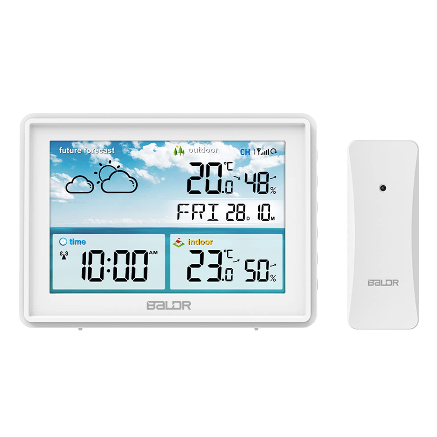Baldr Home Weather Station, Wireless Indoor Outdoor Thermometer with Remote Sensor, Atomic Alarm Clock, Calendar, Humidity Monitor