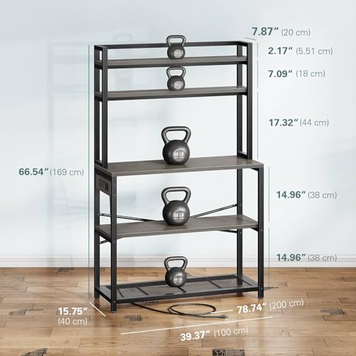 Denkee 39.4 Inch Wide Large Bakers Rack with 3 Power Outlets, 5-Tier Microwave Stand with Storage, Freestanding Kitchen Stand, Coffee Bar Stand（Black）