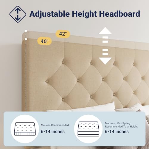 Allewie Upholstered Queen Size Platform Bed Frame with 4 Storage Drawers and Headboard, Square Stitched Button Tufted
