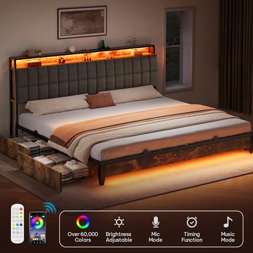 YITAHOME Queen Size Bed Frame with RGB LED Lights and 4 Drawers, Upholstered Platform Bed with Charging Station and Storage Headboard