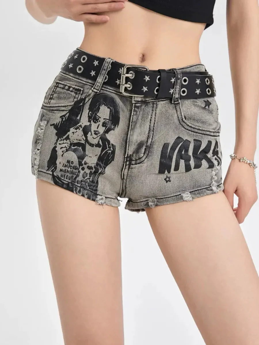 'Rock Girl' Punk Y2k Anime Girl Distressed Denim Shorts