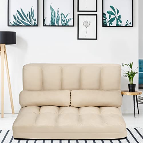 COSTWAY Floor Sofa Couch with 2 Pillows, Foldable 6-Position Adjustable Lazy Sofa bed Sleeper with Metal Frame, Soft Suede Fabric