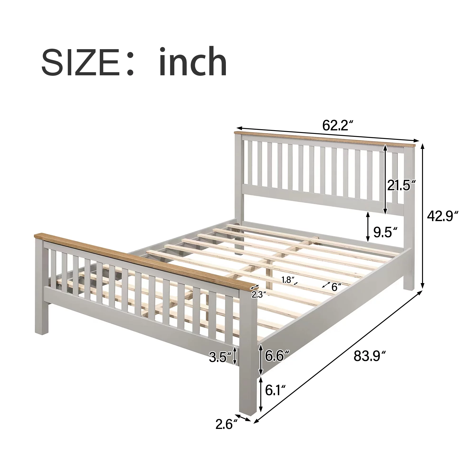 uhomepro Gray Queen Bed Frame with Headboard, No Box Spring Needed, Country Style Bedroom Furniture