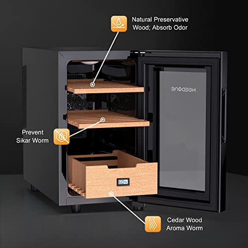 NEEDONE Electronic 23L Cooler Humidor,150 Counts Capacity, with Spanish Cedar Wood Shelves Upgraded Version with Digital Hygrometer Displays