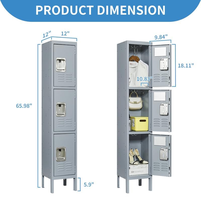 3 Doors Lockers for Employees, Steel Storage Lockers Lockable, Metal Locker Storage Cabinet for Home Office School Gym, Require Assembly (Grey)