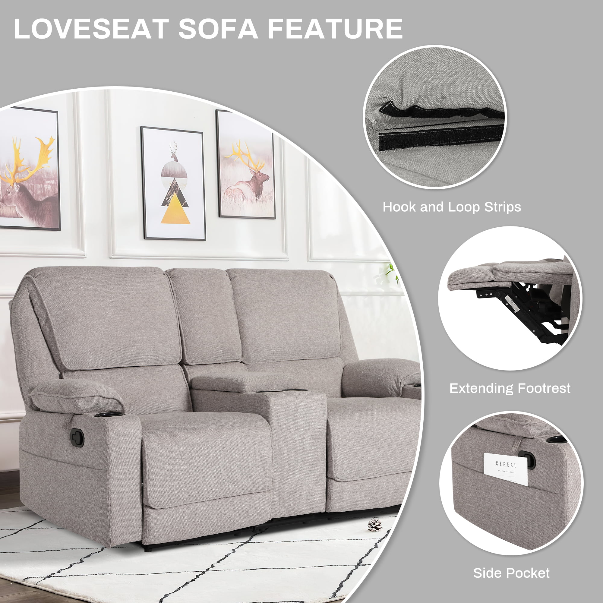 Reclining Sofa, 2 seater Manual Recliner Sofa with Cup Holders,  Central Console Manual Reclining Loveseat for Living Room ,Home Theather Light Gray