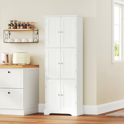 ChooChoo Tall Bathroom Storage Cabinet with 6 Doors, Freestanding Floor Cabinet with Adjustable Shelves, White Pantry Cabinet for Bathroom, Kitchen