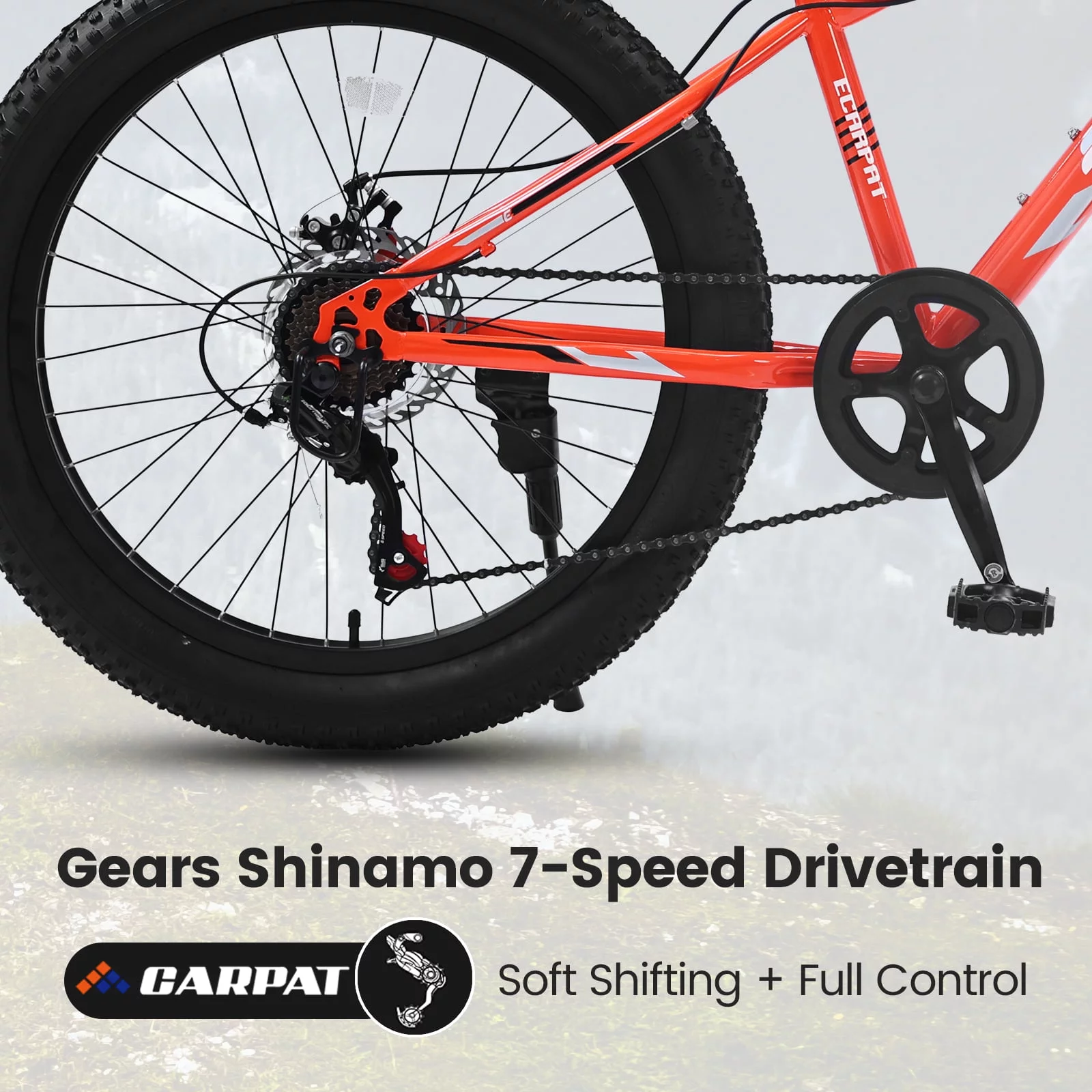 S24109 Elecony 24 Inch Fat Tire Bike Adult/Youth Full Shimano 7 Speeds Mountain Bike, Dual Disc Brake, High-Carbon Steel Frame, Front Suspension