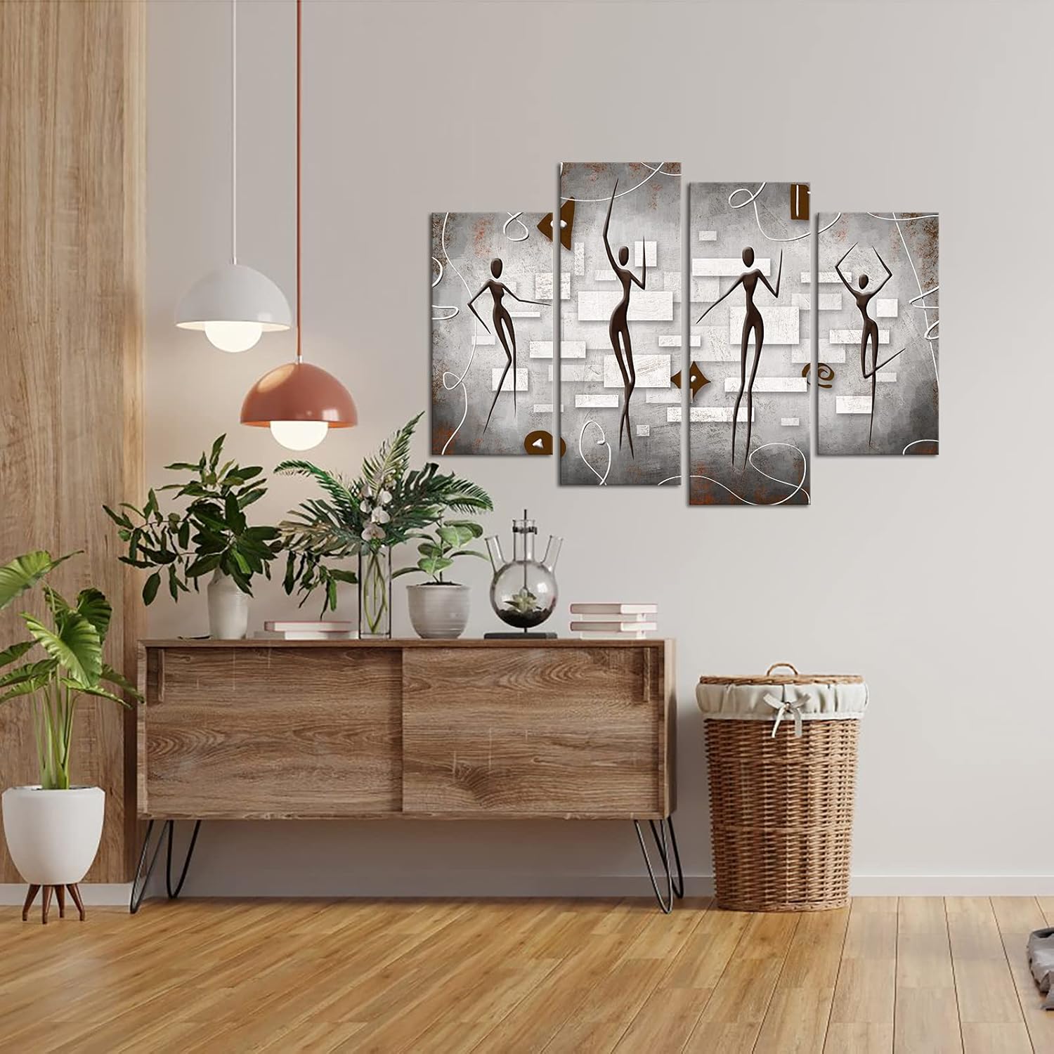 RyounoArt 4 Piece African American Canvas Wall Art Dancing Black Women Painting Pictures Abstract Modern Prints Minimalist Artwork for Living Room