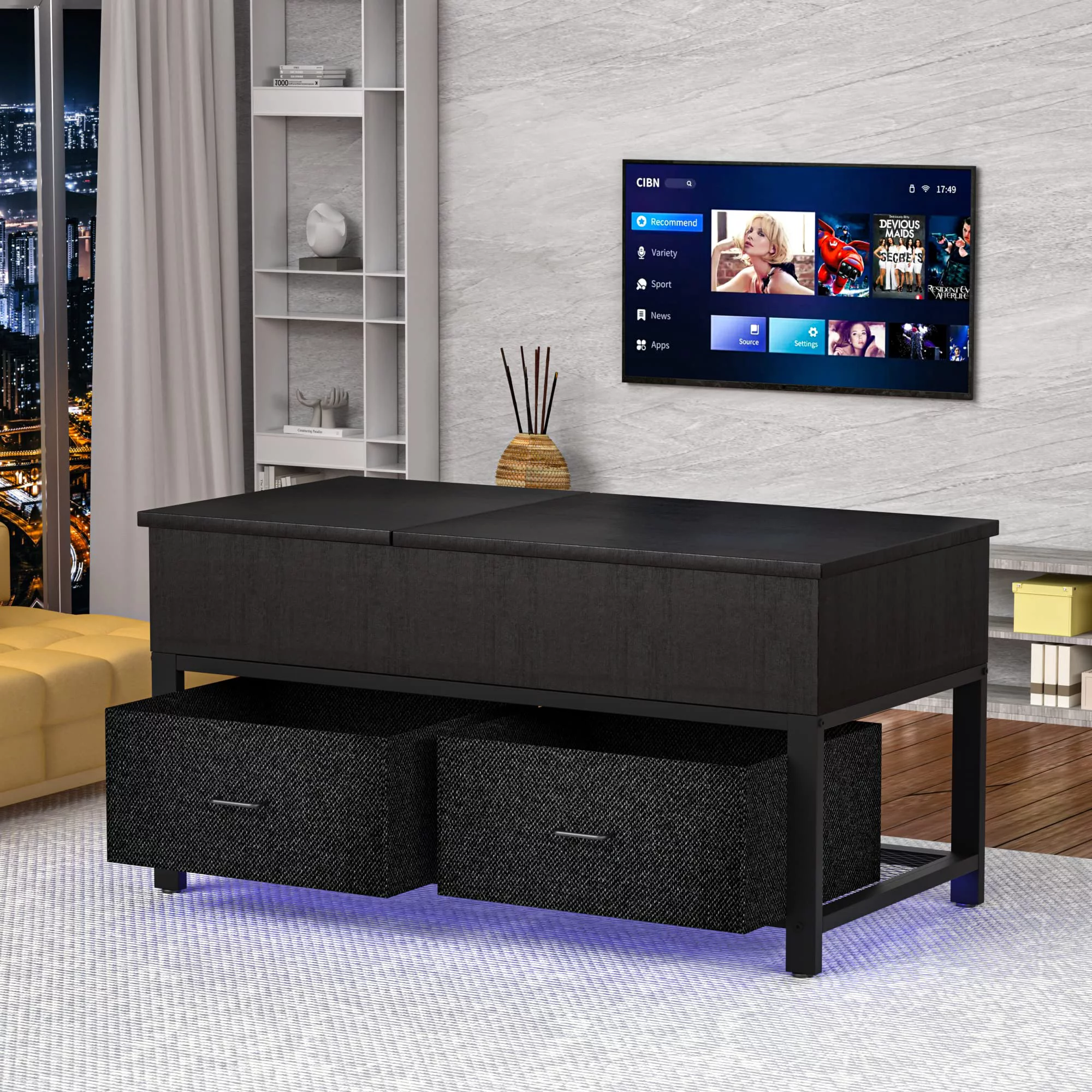 Hasipu Lift Top Coffee Table with Storage for Living Room LED Furniture ,39.4" Modern Square Center Tables with USB Charging Port, Black