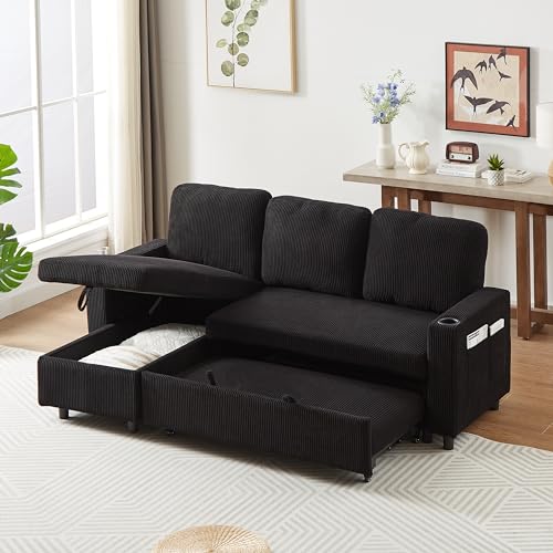 L-Shaped Pull Out Sleep Sofabed,Modern Reversible Sleeper Sectional Sofa Chenille Upholstered Button Tufted Decor with Storage Chaise