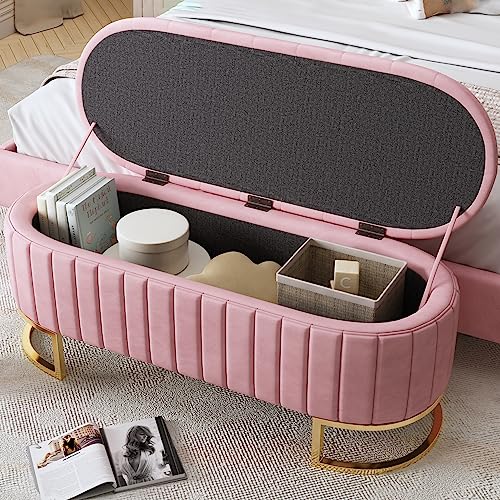 GERRIT Oval Storage Ottoman Bench with Button-Tufted, Velvet Upholstered Storage Bench with Metal Legs, End of Bed Ottoman Bench for Bedroom