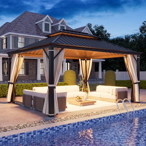 YOLENY 10' x 12' Hardtop Gazebo, Metal Gazebo with Aluminum Frame, Double Galvanized Steel Roof, Curtains and Netting Included